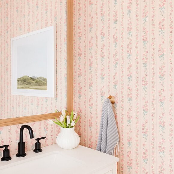 Vintage 1980s Floral Stripe Motif Wallpaper - Picture 7 of 8